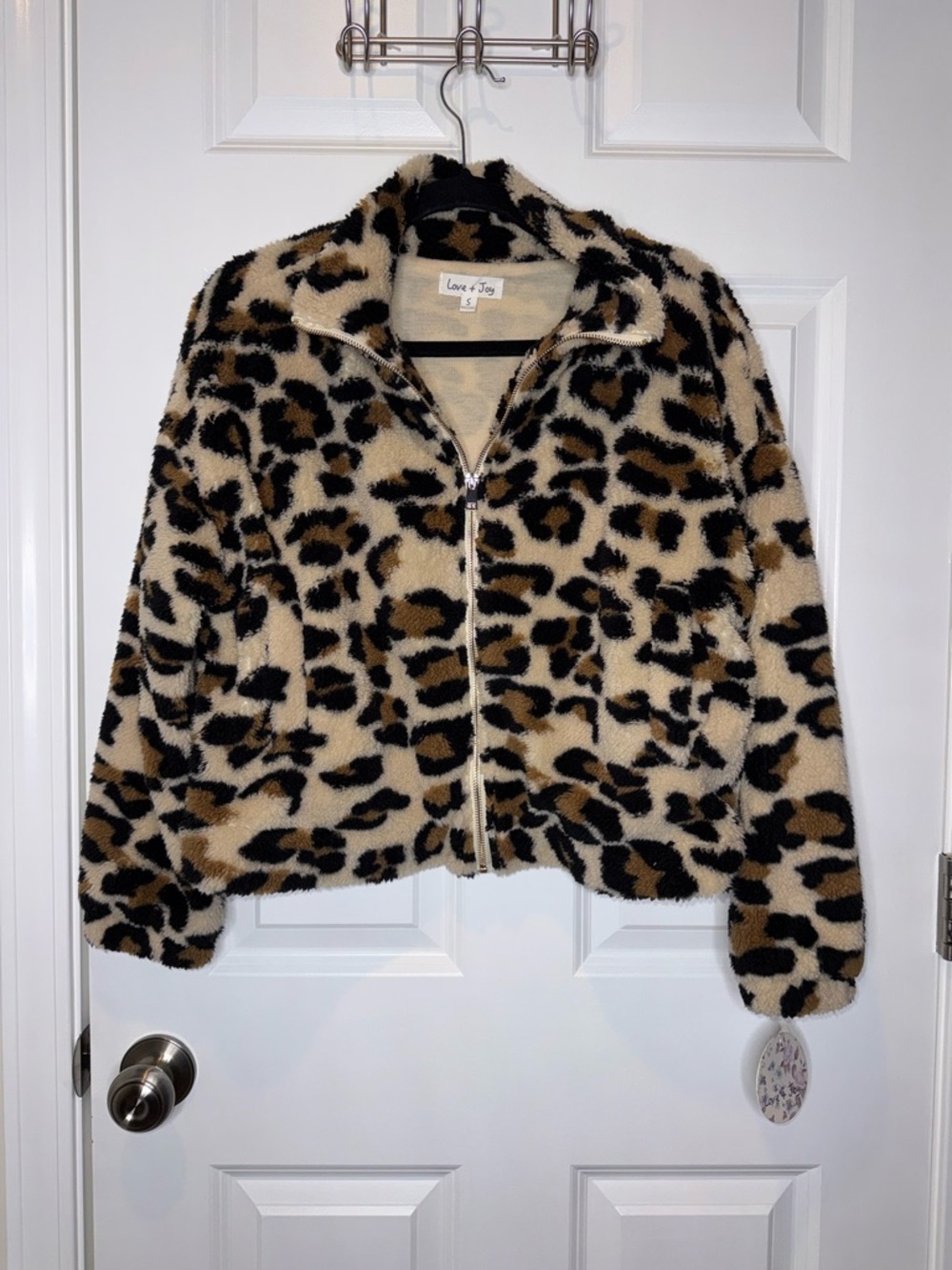 Leopard Print Teddy Zip-Up Jacket - Beige/Black/Brown - Picture 2 of 5
